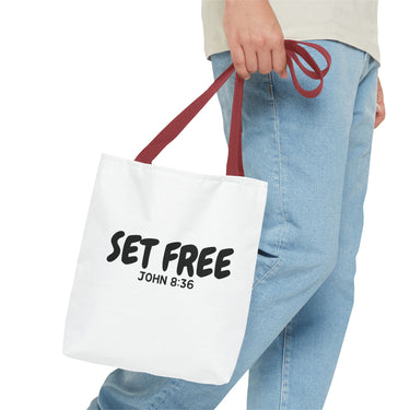 Faith Culture – Set Free Christian Tote Bag | John 8:36 Bible Verse Tote 13" × 13'' Red