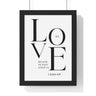 We Love framed Bible verse wall art inspired by 1 John 4:19, black frame with black and white scripture typography
