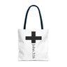 Faith Culture - John 3:16 Cross Tote Bag – White with Black Handles | Minimalist Christian Scripture Tote 18" × 18'' Navy