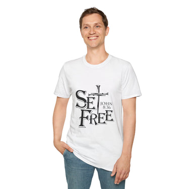 Faith Culture – Set Free John 8:36 Unisex T-Shirt – White | Bold Christian Tee with Cross Design