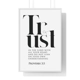 Trust in the Lord framed Christian wall art inspired by Proverbs 3:5, white frame with black and white scripture typography