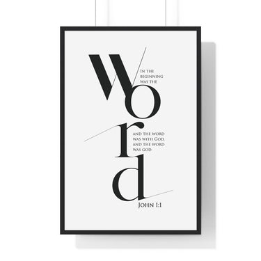 In the Beginning Was the Word framed Christian wall art inspired by John 1:1, black frame with black and white scripture typography
