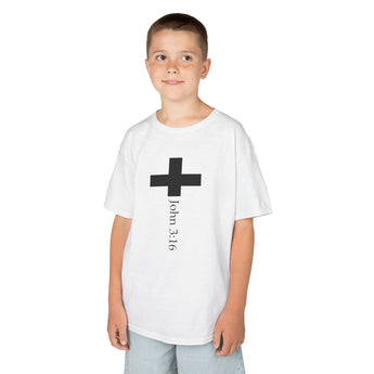 Faith Culture - John 3:16 Cross Kids T Shirt – White | Minimalist Christian Tee for Children