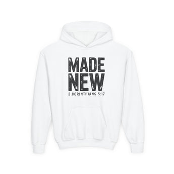 Faith Culture Made New Youth Hoodie – White | 2 Corinthians 5:17 Christian Hoodie for Kids