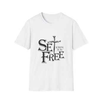 Faith Culture – Set Free John 8:36 Unisex T-Shirt – White | Bold Christian Tee with Cross Design White