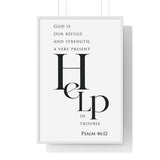 Refuge and Strength framed Christian wall art inspired by Psalm 46:1-2, white frame with black and white scripture typography