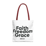 Faith Freedom Grace Christian Tote Bag | John 8:36 Bible Verse Gift 18" × 18'' Red