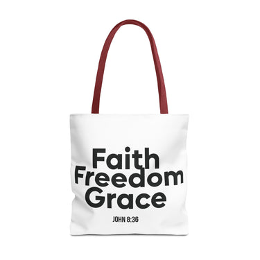 Faith Freedom Grace Christian Tote Bag | John 8:36 Bible Verse Gift 18" × 18'' Red
