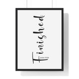 It Is Finished framed Bible verse wall art inspired by John 19:30, black frame with black and white scripture typography