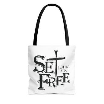 Faith Culture – Set Free John 8:36 Christian Tote Bag | Bold Cross & Scripture 13" × 13'' Black