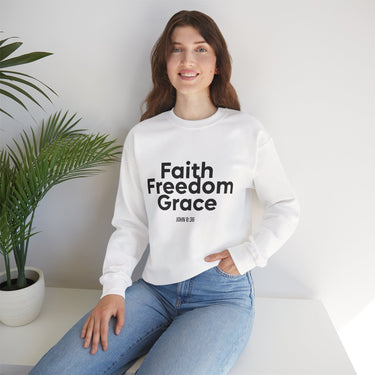 Faith Freedom Grace Christian Sweatshirt | John 8:36 Bible Verse Apparel