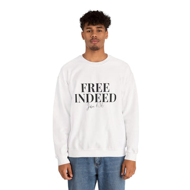 Faith Culture – Free Indeed John 8:36 Unisex Crewneck Sweatshirt – White | Elegant Christian Sweatshirt on Spiritual Freedom