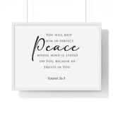 Perfect Peace framed Christian wall art, Isaiah 26:3, black lettering on white with a white wooden frame