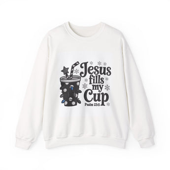 Faith Culture - Jesus Fills My Cup Psalm 23:5 Christian Sweatshirt – White | Cozy Scripture Coffee Crewneck