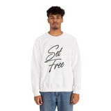 Faith Culture – Set Free Christian Crewneck Sweatshirt – White | Elegant Script Typography Sweatshirt
