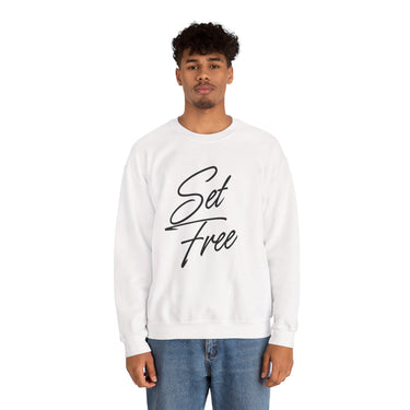 Faith Culture – Set Free Christian Crewneck Sweatshirt – White | Elegant Script Typography Sweatshirt