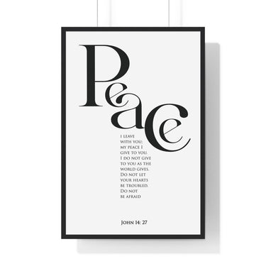 Peace framed Christian wall art inspired by John 14:27, black frame with black and white scripture typography