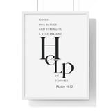 Refuge and Strength framed Christian wall art inspired by Psalm 46:1-2, white frame with black and white scripture typography
