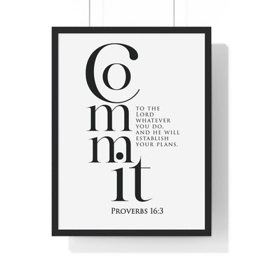 Commit Your Plans framed Bible verse wall art inspired by Proverbs 16:3, black frame with black and white scripture typography