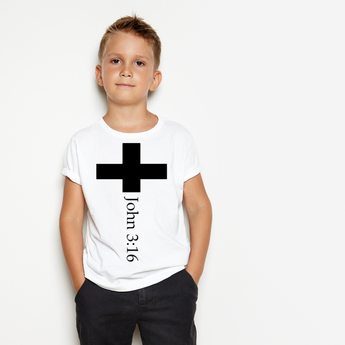 Faith Culture - John 3:16 Cross Kids T Shirt – White | Minimalist Christian Tee for Children  Product Description:
