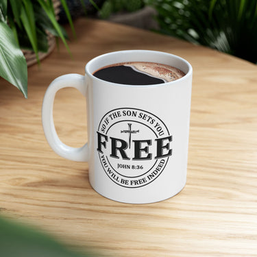 Faith Culture – Set Free John 8:36 Christian Coffee Mug – Bold Cross Scripture Design, 11oz & 15oz