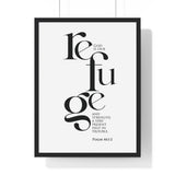 God Is Our Refuge framed Bible verse wall art inspired by Psalm 46:1-2, black frame with black and white scripture typography