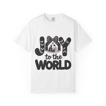 Faith Culture - Joy to the World Nativity Christian Christmas T-Shirt – White | Knit Letter Manger Tee