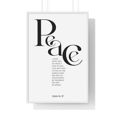 Peace framed Christian wall art inspired by John 14:27, white frame with black and white scripture typography