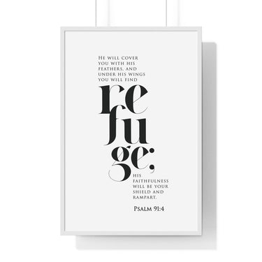Under His Wings framed Christian wall art inspired by Psalm 91:4, white frame with black and white scripture typography