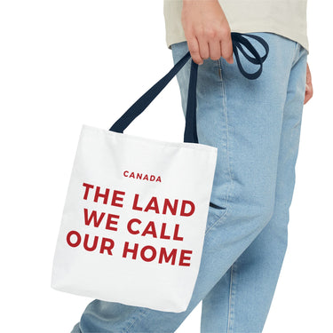 Faith Culture – The Land We Call Our Home Tote Bag | Red Canadian Anthem-Inspired Carryall 13" × 13'' Navy