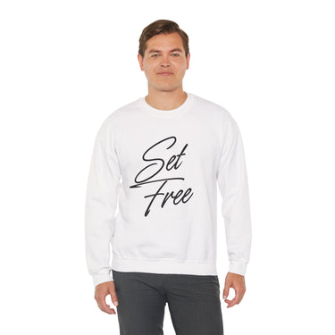 Faith Culture – Set Free Christian Crewneck Sweatshirt – White | Elegant Script Typography Sweatshirt
