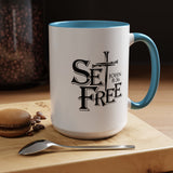 Faith Culture - Set Free John 8:36 Christian Accent Mug, 11oz & 15oz | Bold Cross Design Coffee Cup 15oz Light Blue