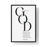 Merciful and Gracious framed Christian wall art inspired by Psalm 86:15, black frame with black and white scripture typography