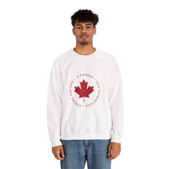 Faith Culture – O Canada Circle Maple Leaf Crewneck Sweatshirt – White with Red Print | Classic Canadian Heritage Pullover White