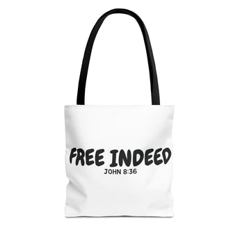 Faith Culture – Free Indeed Christian Tote Bag | John 8:36 Scripture Tote 13" × 13'' Black