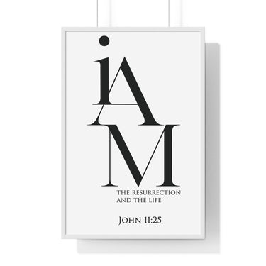 The Resurrection and the Life framed Christian wall art inspired by John 11:25, white frame with black and white scripture typography