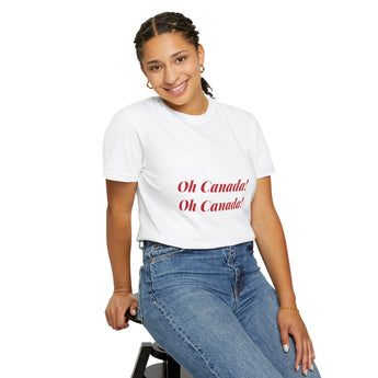 Faith Culture - Oh Canada! Red Text Unisex T-Shirt – White | Anthem-Inspired Patriotic Tee