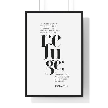 Under His Wings framed Christian wall art inspired by Psalm 91:4, black frame with black and white scripture typography