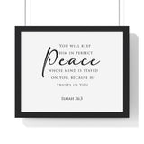 Perfect Peace framed Bible verse wall art, Isaiah 26:3, black lettering on white with a black wooden frame