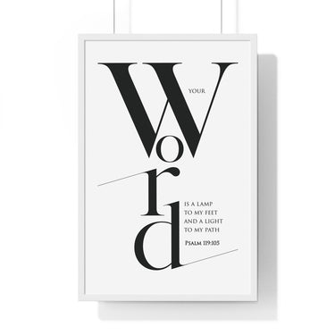 Your Word Is a Lamp framed Christian wall art inspired by Psalm 119:105, white frame with black and white scripture typography