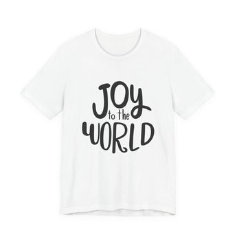 Faith Culture - Joy to the World Script Christian Christmas T-Shirt – White | Hand Lettered Holiday Tee