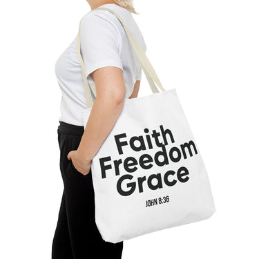 Faith Freedom Grace Christian Tote Bag | John 8:36 Bible Verse Gift
