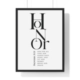 Honor Her framed Bible verse wall art inspired by Proverbs 31:31, black frame with black and white scripture typography