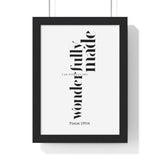 Fearfully and Wonderfully Made framed Bible verse wall art inspired by Psalm 139:14, black frame with black and white scripture typography