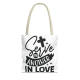 Faith Culture - Serve One Another in Love Christian Tote Bag - Galatians 5:13 Bible Verse 13" × 13'' Beige