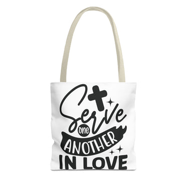 Faith Culture - Serve One Another in Love Christian Tote Bag - Galatians 5:13 Bible Verse 13" × 13'' Beige