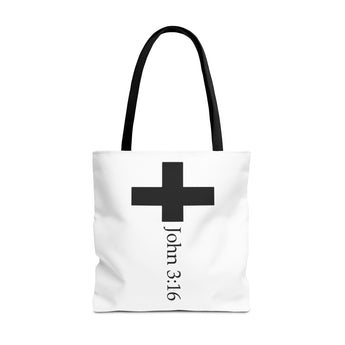 Faith Culture - John 3:16 Cross Tote Bag – White with Black Handles | Minimalist Christian Scripture Tote