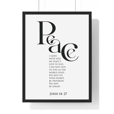 Peace Bold Verse framed Bible verse wall art inspired by John 14:27, white frame with black and white scripture typography