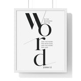 In the Beginning Was the Word framed Bible verse wall art inspired by John 1:1, white frame with black and white scripture typography
