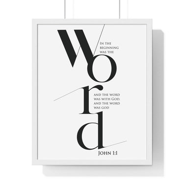 In the Beginning Was the Word framed Bible verse wall art inspired by John 1:1, white frame with black and white scripture typography